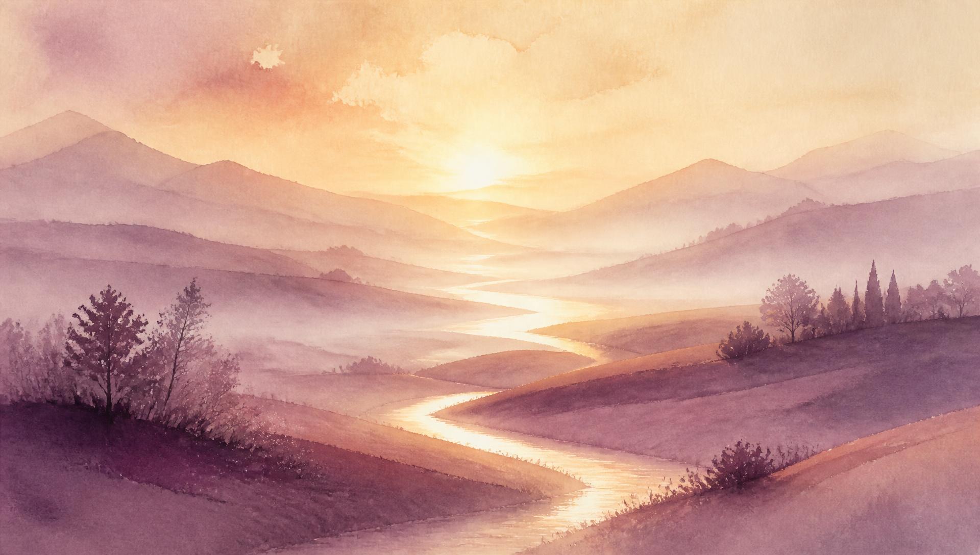 A winding stream of light through soft hills at sunrise